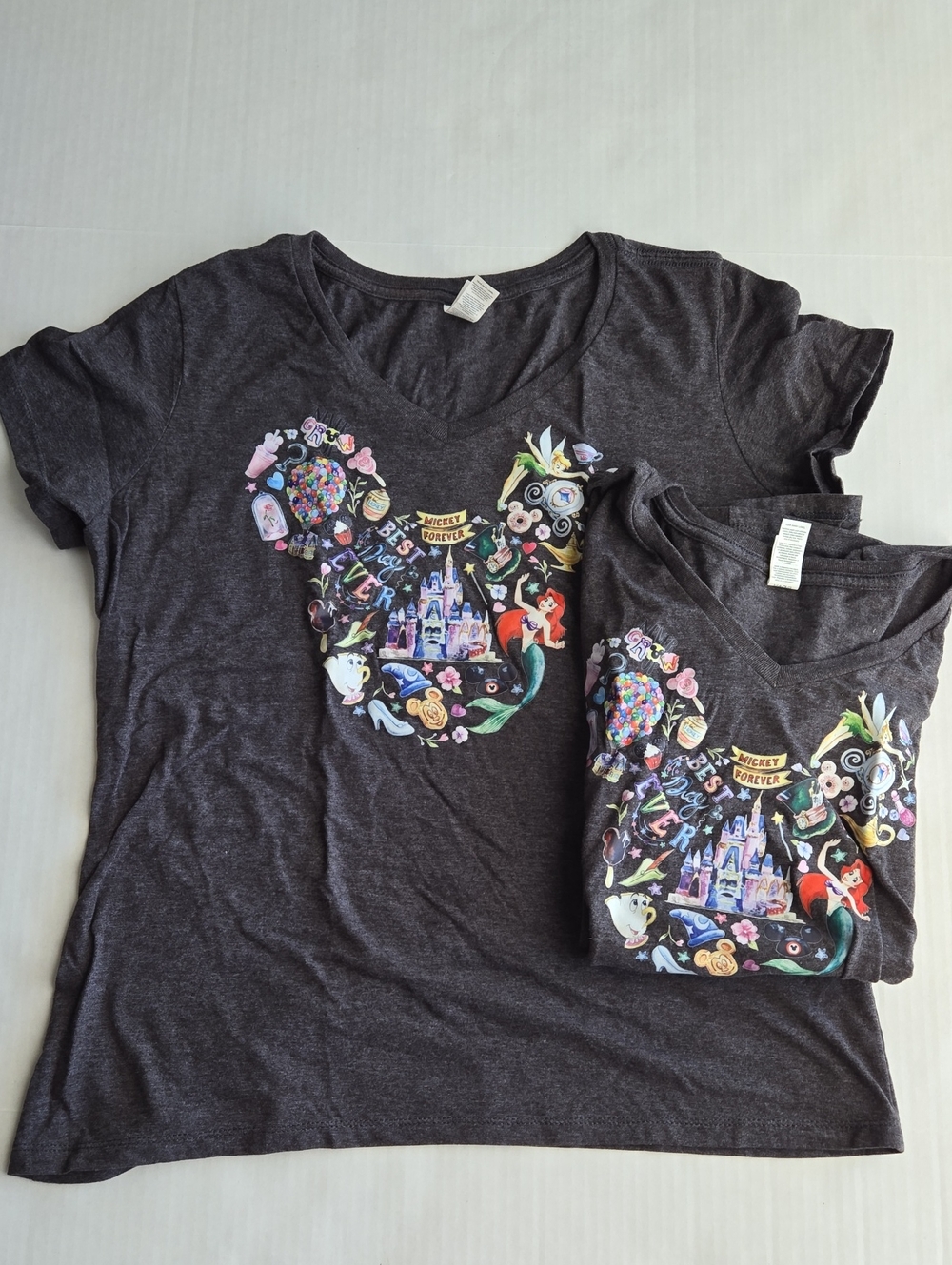 2 Disney Charcoal Women's T-shirts with Colorful Castle Graphic, Cotton-blend XL